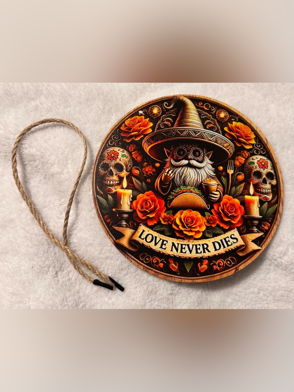 Sugar Skull Gnome Day of the Dead Graphic Wood Composite Round Sign Rose Floral